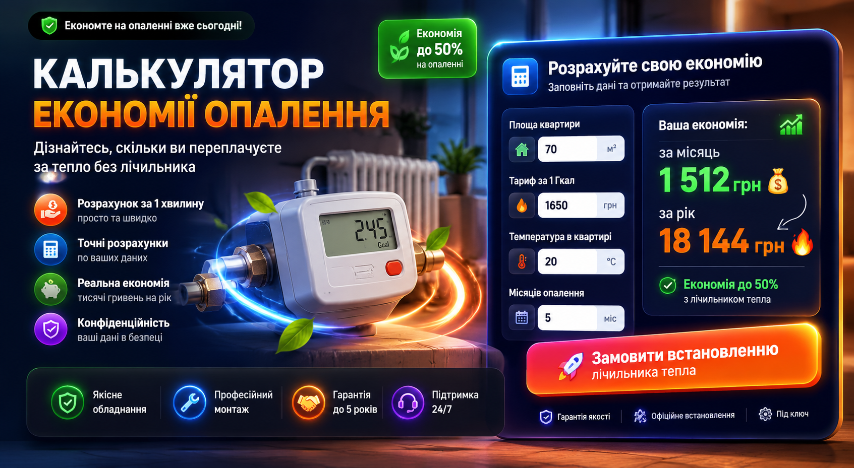 Калькулятор опалення: розрахунок економії та вартості тепла з лічильником і без